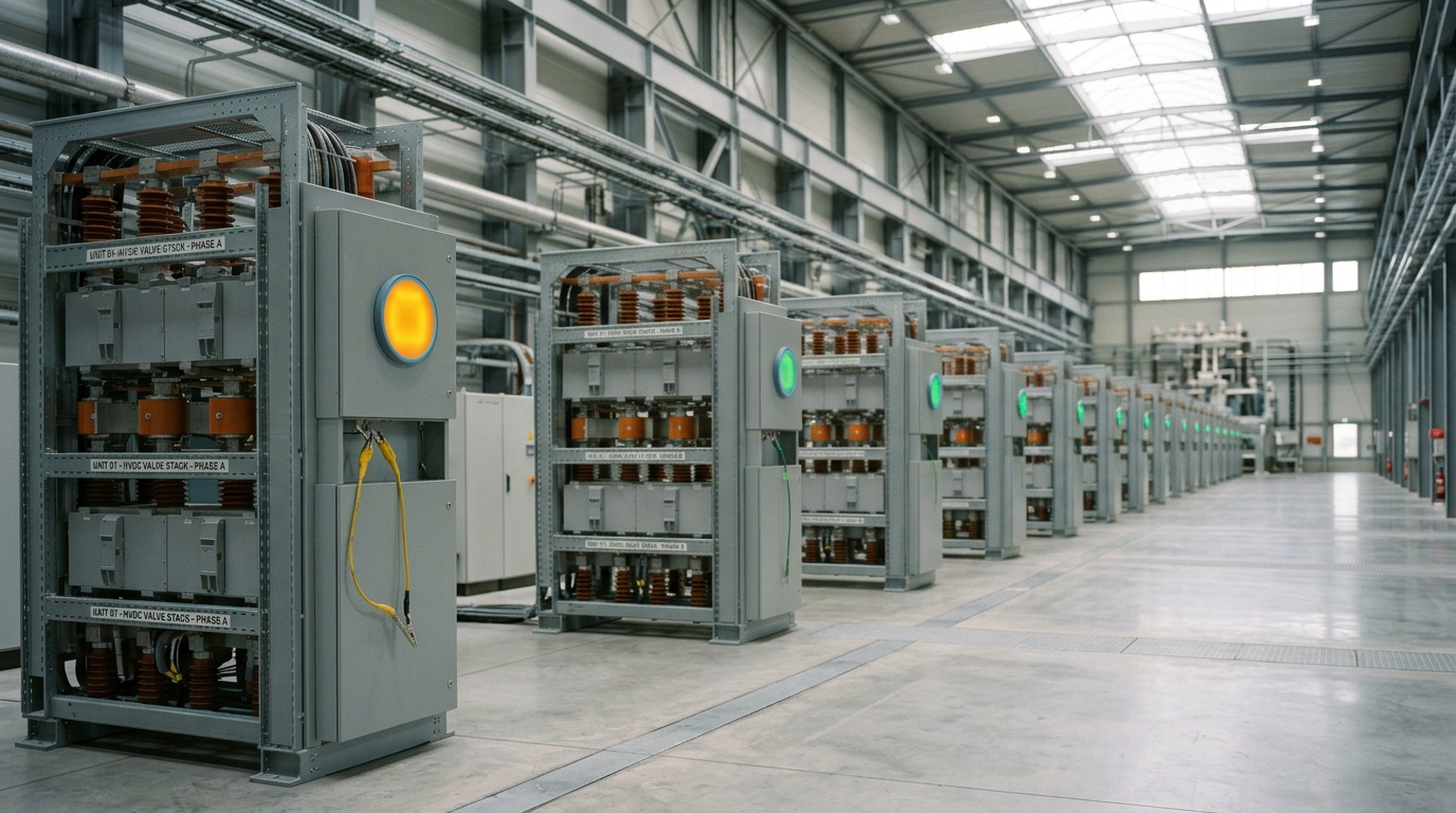 Inside an HVDC converter hall, a valve-stack tower under its first live test with an indicator panel glowing amber rather than green