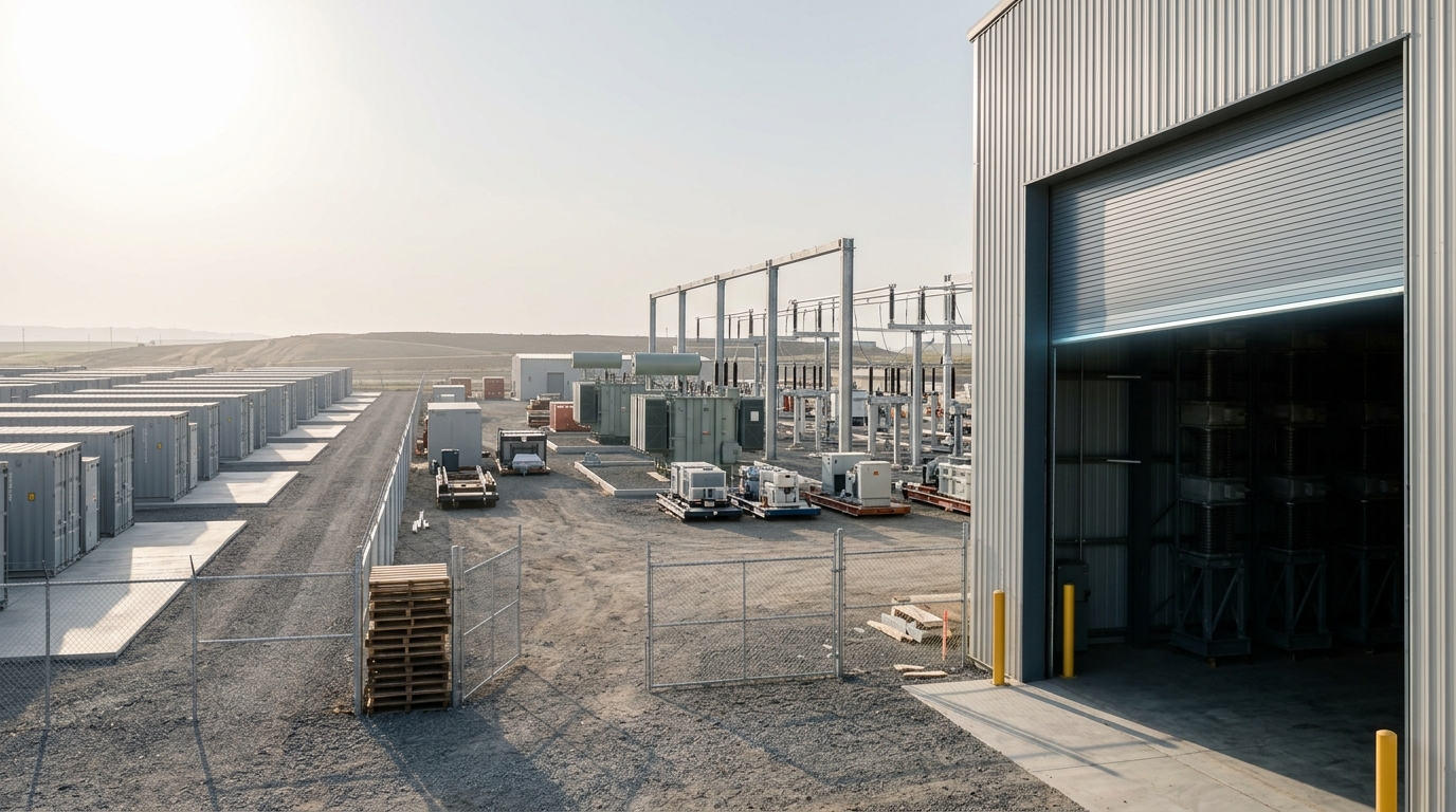 An elevated view across the energy campus showing the battery yard, the substation yard, and the converter hall's open doors all under construction at the same time