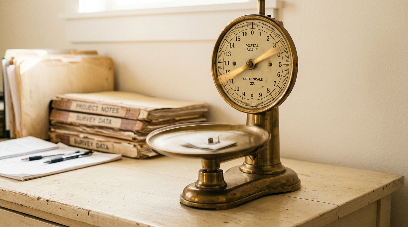 A brass postal scale mid-weighing, its dial needle swinging and one pan still descending