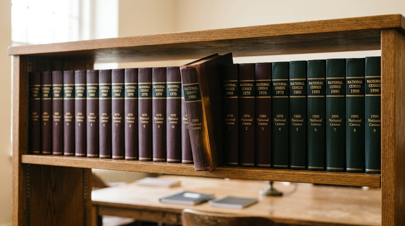 A shelf of national census yearbooks with one volume pulled halfway out, its spine facing the room