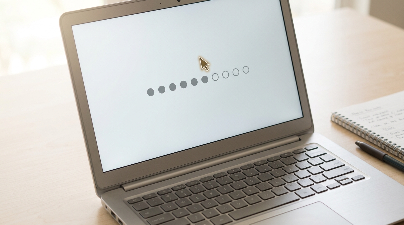 A laptop screen showing an abstract, non-graphic session-progress indicator paused partway, cursor hovering over an unclicked control