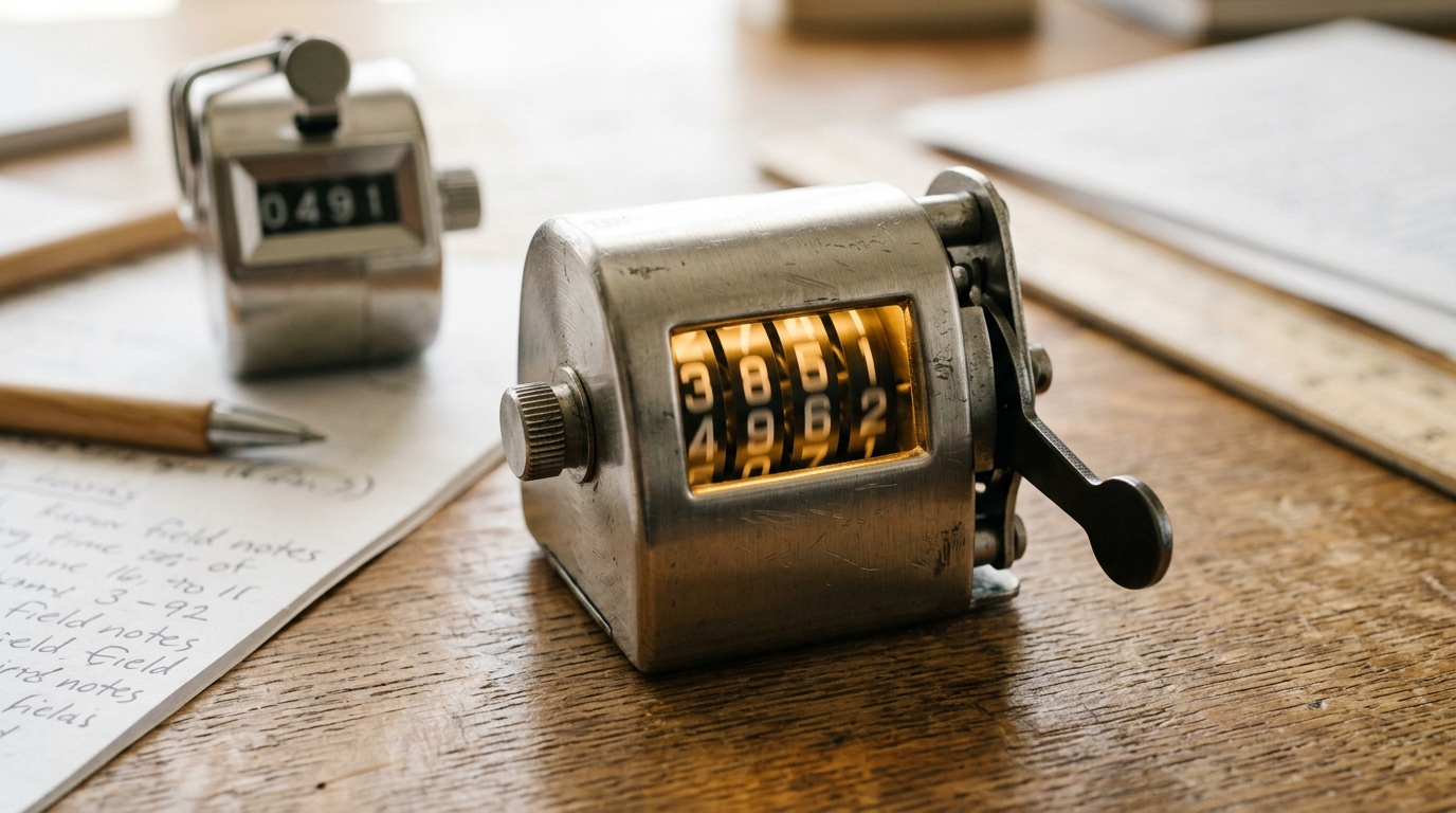 A handheld mechanical tally counter mid-click with its digit wheels caught rolling between two very different numbers