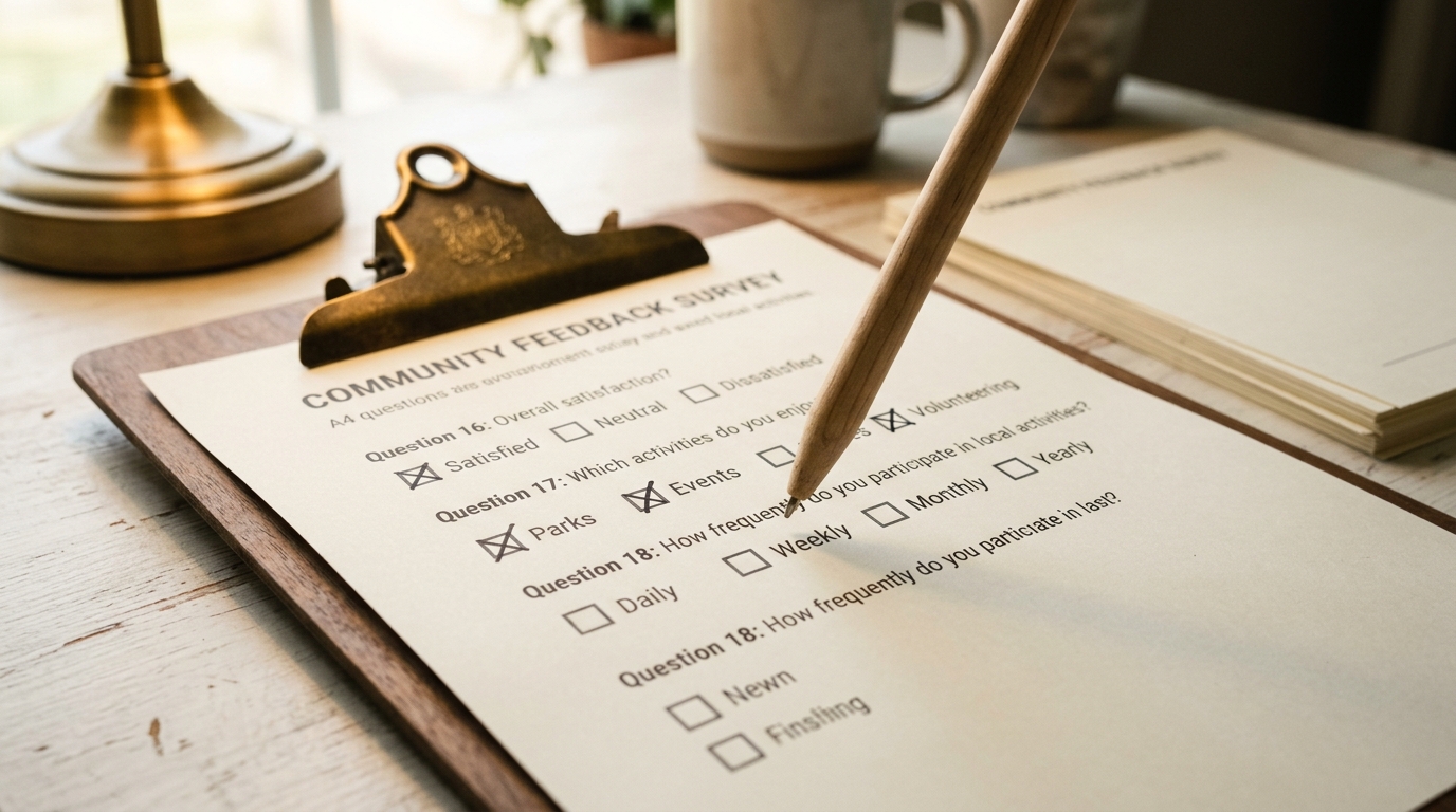 A printed demographic questionnaire on a clipboard with a pen resting mid-stroke over one unanswered box