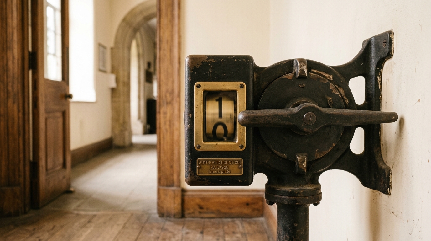 A mechanical turnstile counter beside a doorway, its arm mid-turn and its digit wheels mid-roll between two numbers