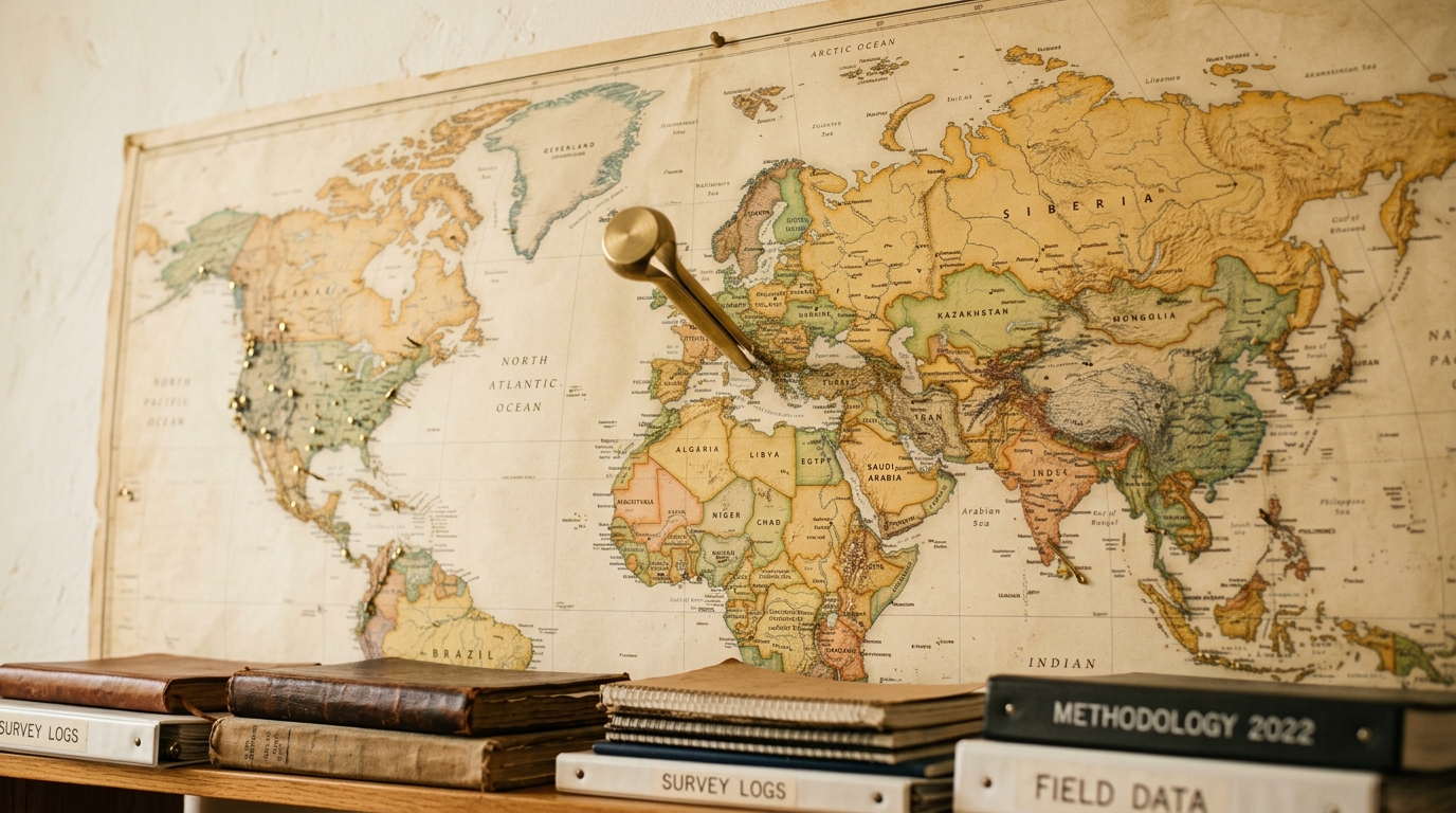 A wall-sized paper world map with brass pushpins densely clustered over some regions and sparse over others, one pin mid-push into a dense cluster