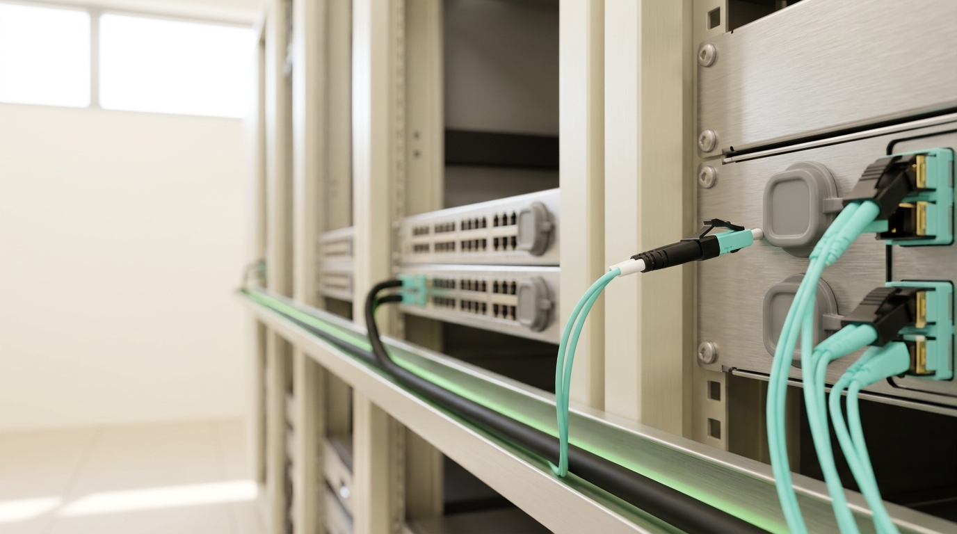 A row of cabinets seen along an aisle — a leaf switch nearest, a fibre patch panel beyond it and a spine switch further away — with a jumper caught half-way into the middle panel's adapter, the adapter past it still capped, and a single direct DAC copper cable spanning the whole aisle beside them