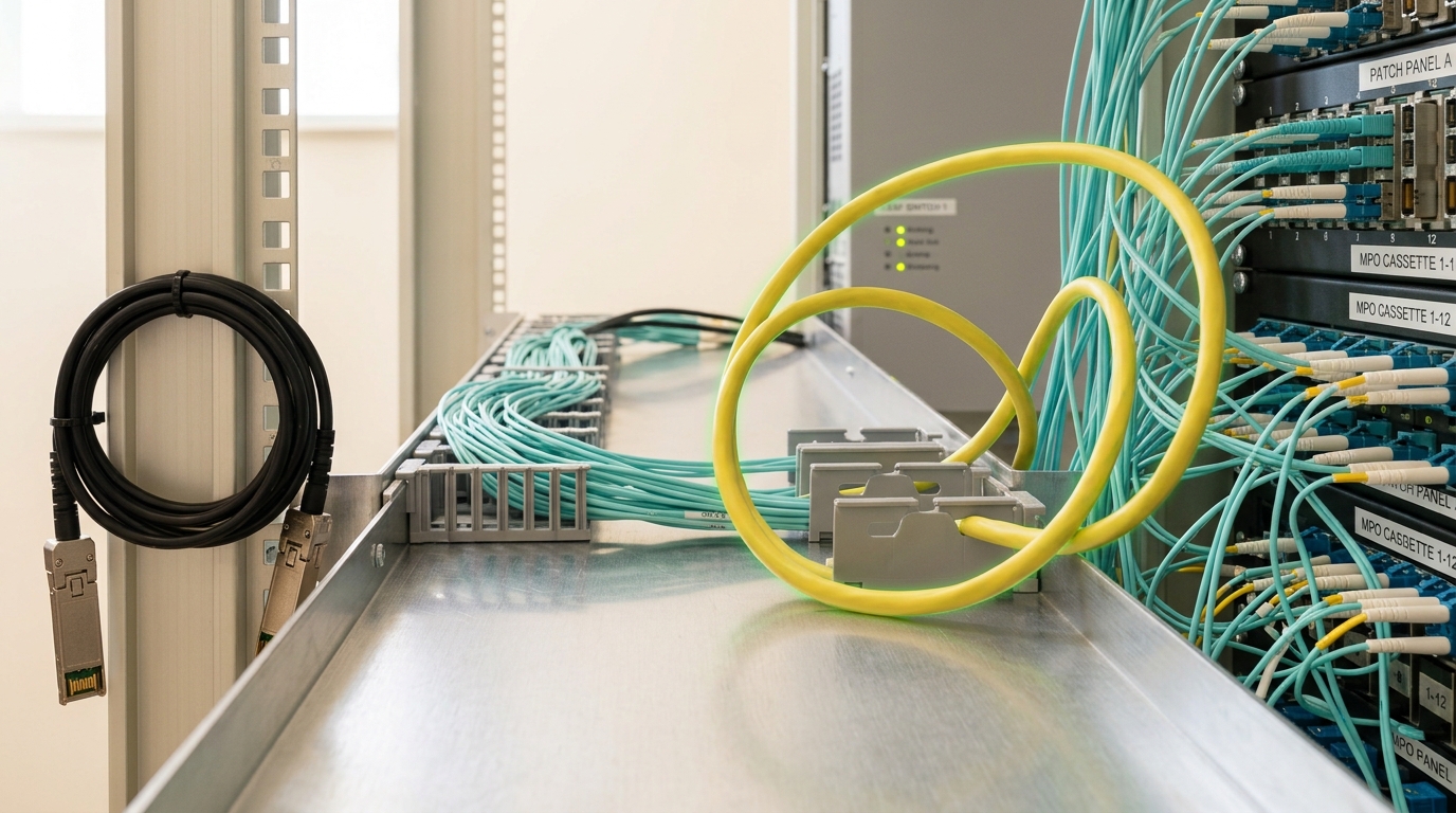 A horizontal fibre routing tray where four different media arrive together — a heavy yellow single-mode trunk, a combed group of fine aqua multimode jumpers, a coiled black DAC copper cable and a fan of patch cords running everywhere — with the yellow trunk still slack and not yet dressed into its routing finger