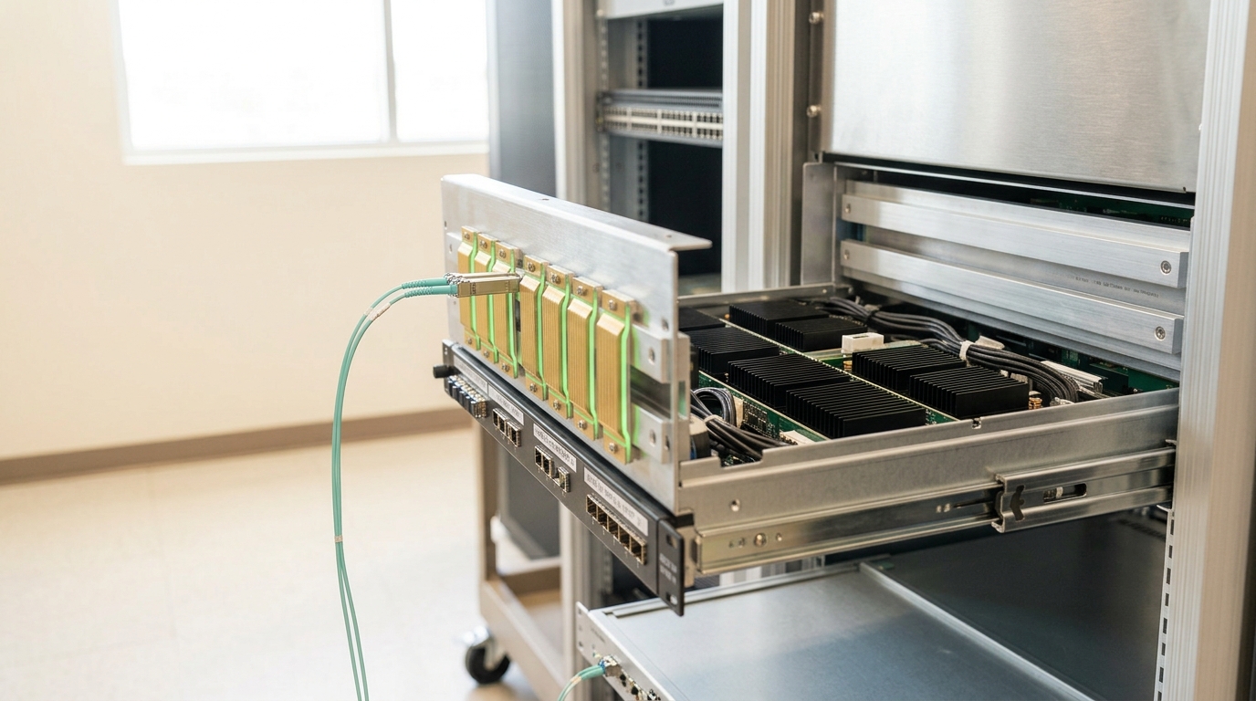 An accelerator tray drawn part-way out of its cabinet on slide rails, its broad gold-flash scale-up connectors just clear of the chassis and not yet re-engaged, beside a single slim optical transceiver carrying one thin aqua fibre away to the fabric