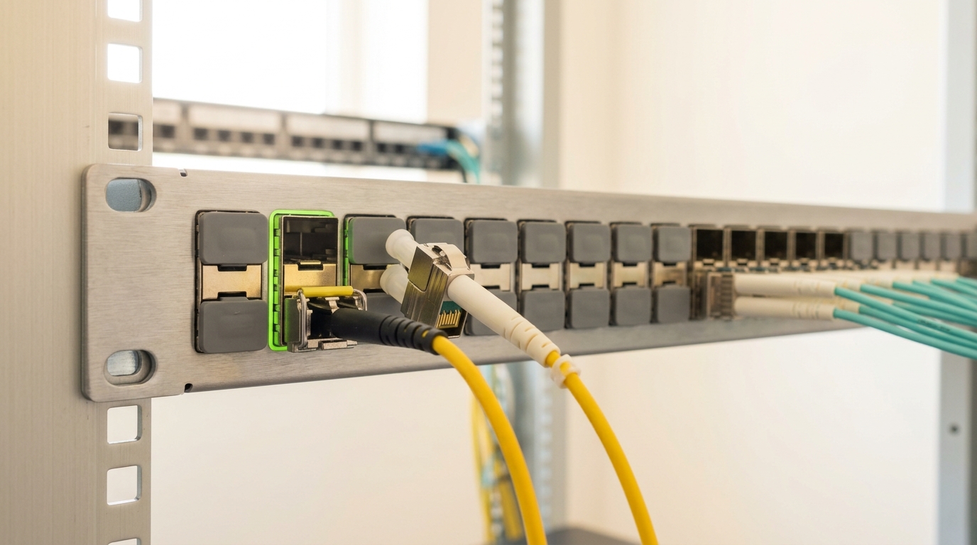 A switch faceplate where one populated uplink port already carries a heavy trunk while a second heavy trunk connector is brought to the same port, still tilted and unseated with its dust cap half off, the cages either side standing closed by plugs