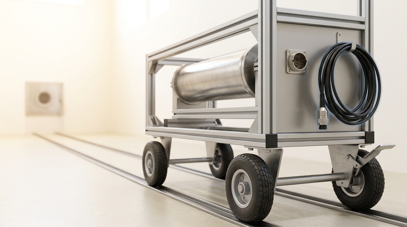 A wheeled detector cart carrying a helium-3 counter tube being rolled along floor rails toward a beamline exit port, its signal cable connector still unplugged and one wheel brake lever still raised