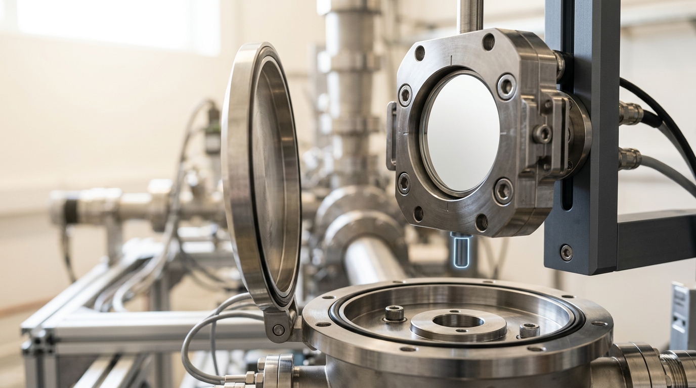 A polished borofloat-glass neutron mirror in its metal holder being lowered into a stainless vacuum housing, one alignment dowel still a hair above its socket and the housing's lid propped open beside it