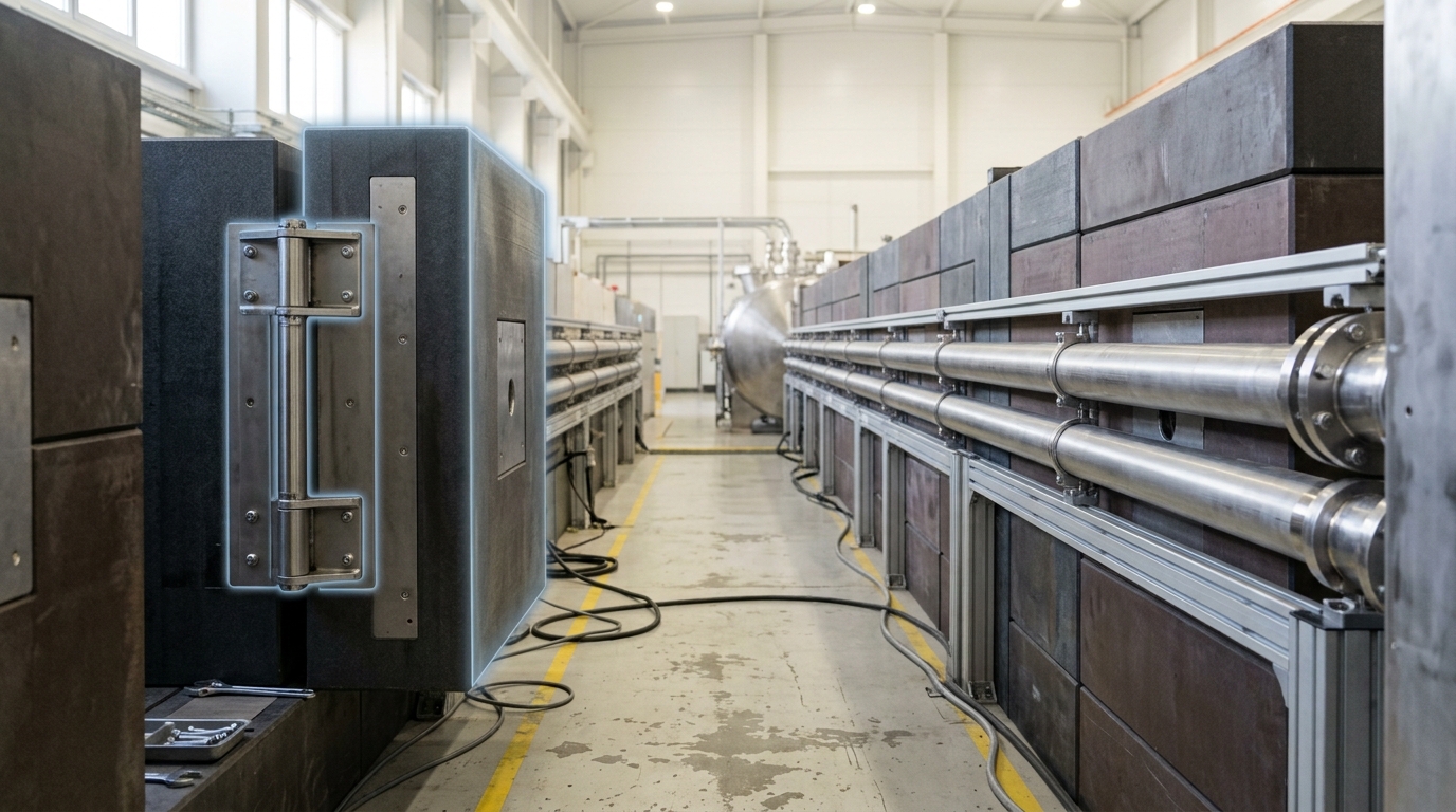 A neutron guide-tube corridor lined with shielding blocks in an ultracold-neutron beamline hall, one borated-polyethylene block still swung half open on its hinge and a stainless coupling flange at the corridor's end not yet bolted down