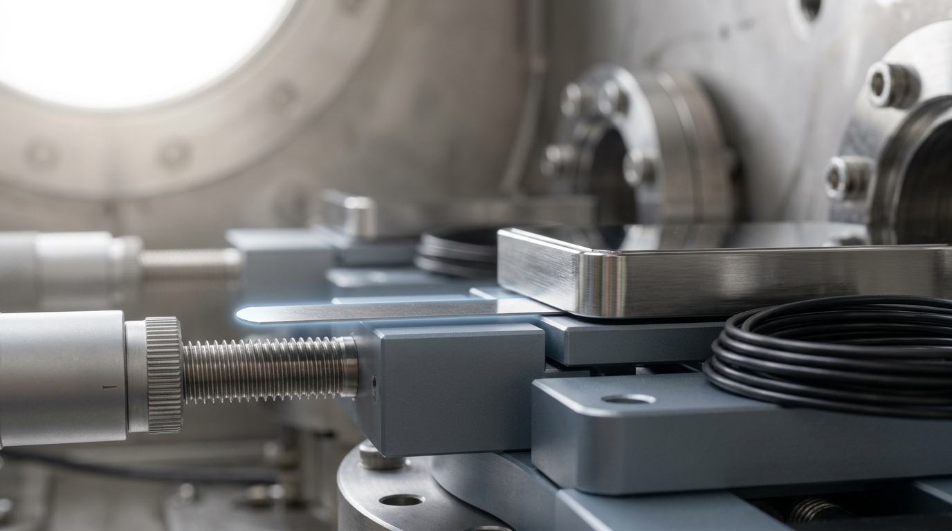 A piezo-driven micrometer stage setting the few-micrometre gap above a neutron mirror, its fine adjustment screw caught mid-turn and a feeler gauge only halfway withdrawn from the gap