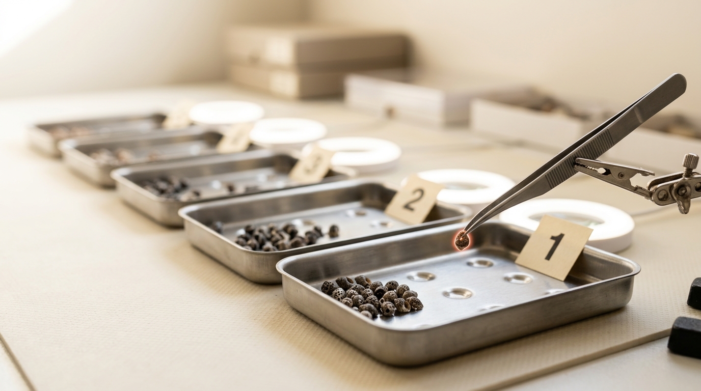 A receding row of numbered stainless trays each holding a small set of tiny perforated shell beads, a pair of fine tweezers mounted in a clamp stand poised above the nearest tray with one bead held at its tip, not yet released