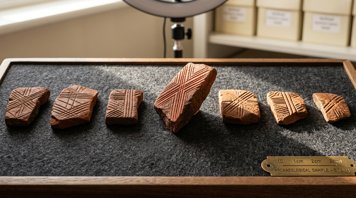 Several engraved ochre fragments from different excavation layers laid out on a felt-lined comparison tray under raking sidelight, one piece still tilted mid-rotation into its place in the row