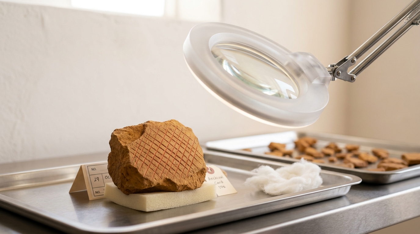 A fist-sized ochre fragment engraved with a cross-hatched grid held under a large ring-lit magnifier lens on an articulated arm, the lens still swinging into position and not yet centred over the engraving, a numbered archival tag and a nest of cotton wadding beside it on a stainless tray