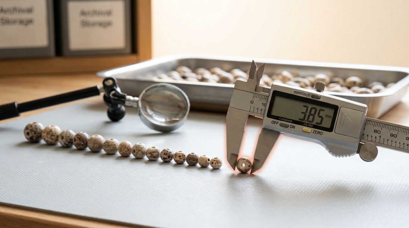 A tray of shell beads sorted by size under a magnifier, a small digital caliper measuring the diameter of one bead held in a padded jaw clamp, its readout digits mid-change