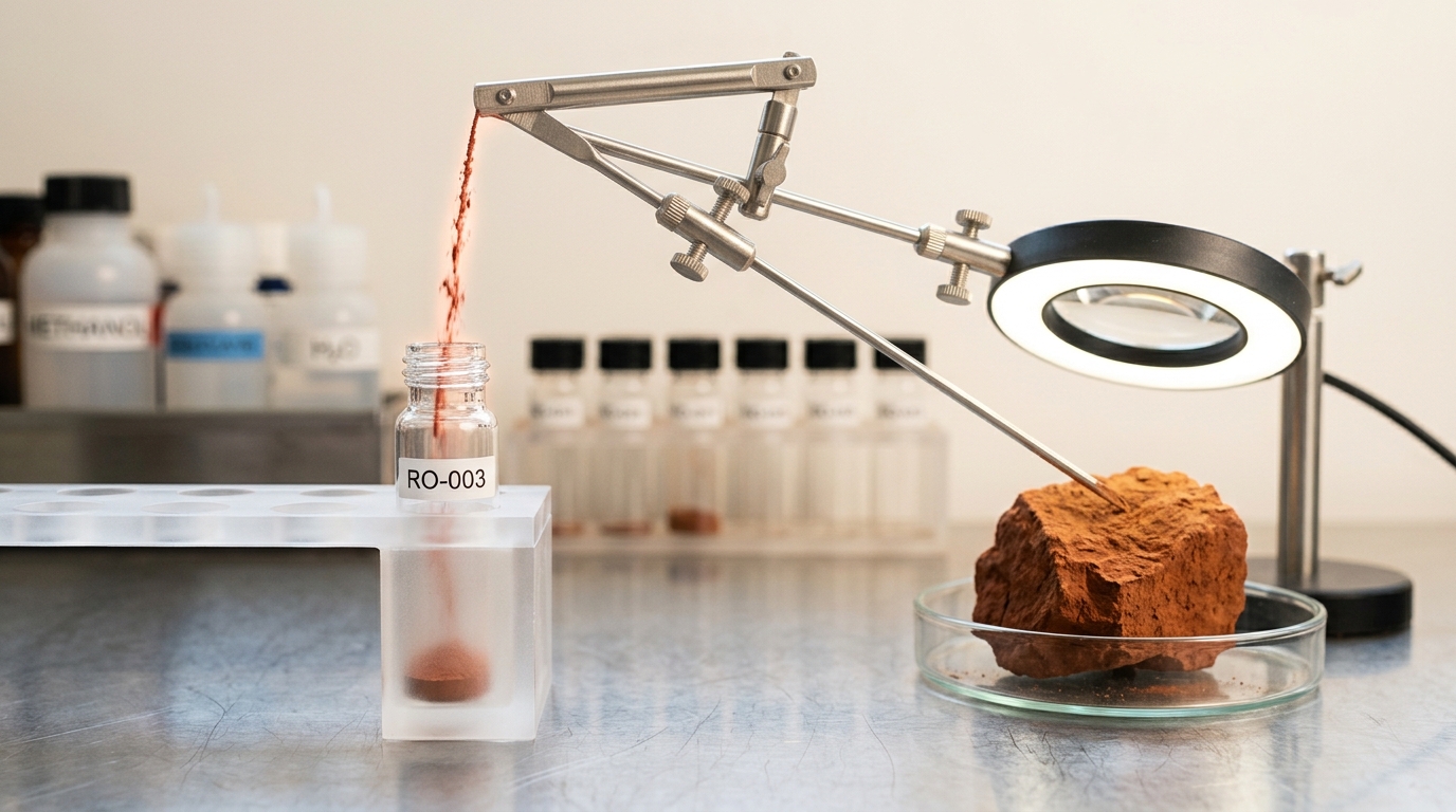 A residue-analysis station with a lump of raw ochre in a glass dish, a fine sampling probe drawing a thread of red powder that is still falling through the air into a small specimen vial below it