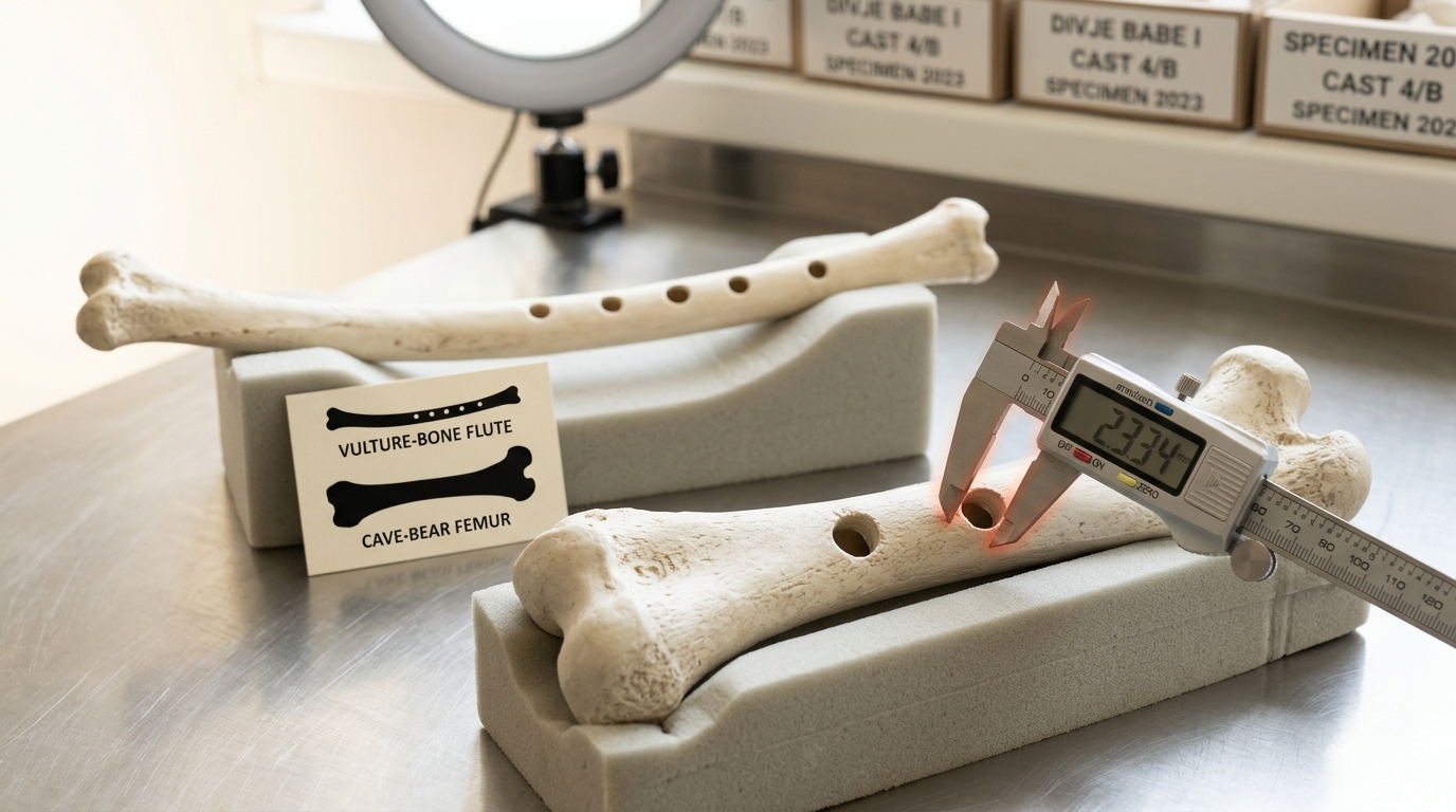 Two bone casts side by side on padded foam cradles, a slender multi-holed bird-bone flute replica and a thicker perforated cave-bear-femur cast, a digital caliper's jaws closing across one of the femur's holes but not yet fully shut