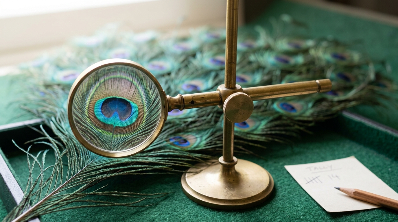 A brass jeweller's loupe on an adjustable stand angled low over one iridescent eyespot on a spread peacock train feather, only that one eyespot in sharp focus while the rest of the fan sits outside its circle of magnification