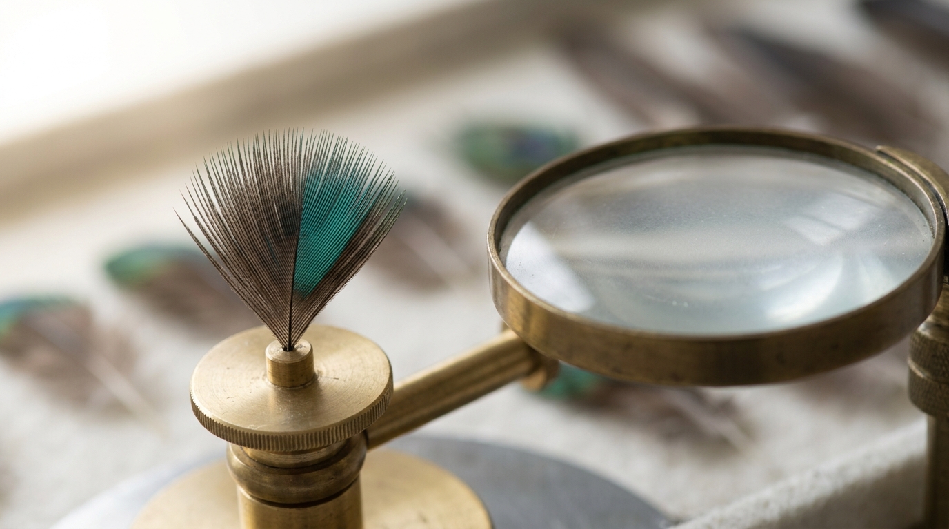 A single peacock eyespot barb held on a small turntable mount under a bench magnifier, its iridescent blue-green surface flashing at one narrow angle of rotation while the rest of the barb reads matte brown-black a few degrees off that angle