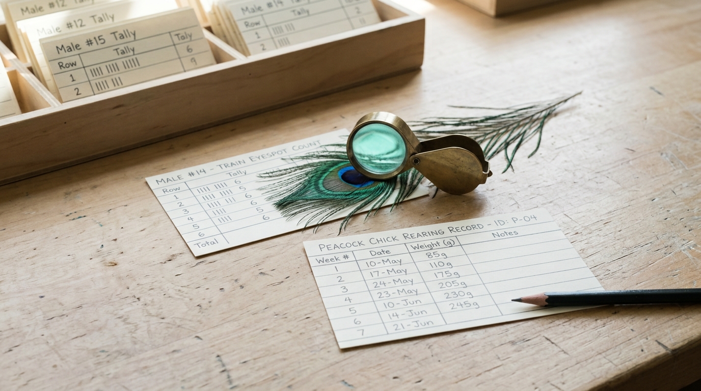 A peacock train feather fan under a loupe beside a hand-ruled tally card recording its eyespot count, and beneath both a small rearing card tracking a chick's weekly weight with its final cell still blank