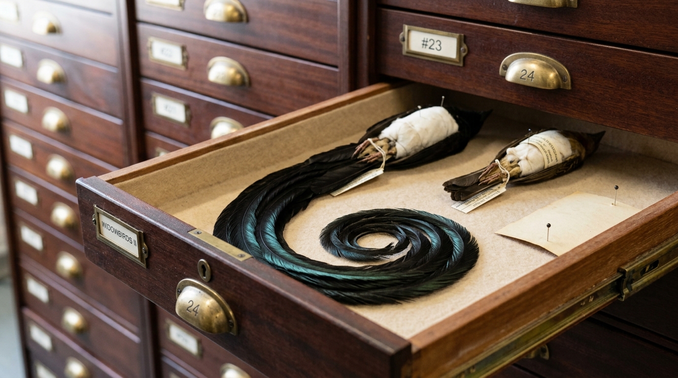 A museum specimen drawer half-drawn from a cabinet, one long-tailed widowbird skin with its half-metre tail coiled the length of the drawer beside a shorter-tailed skin and a small pinned paper label, a brass drawer-pull catching the light