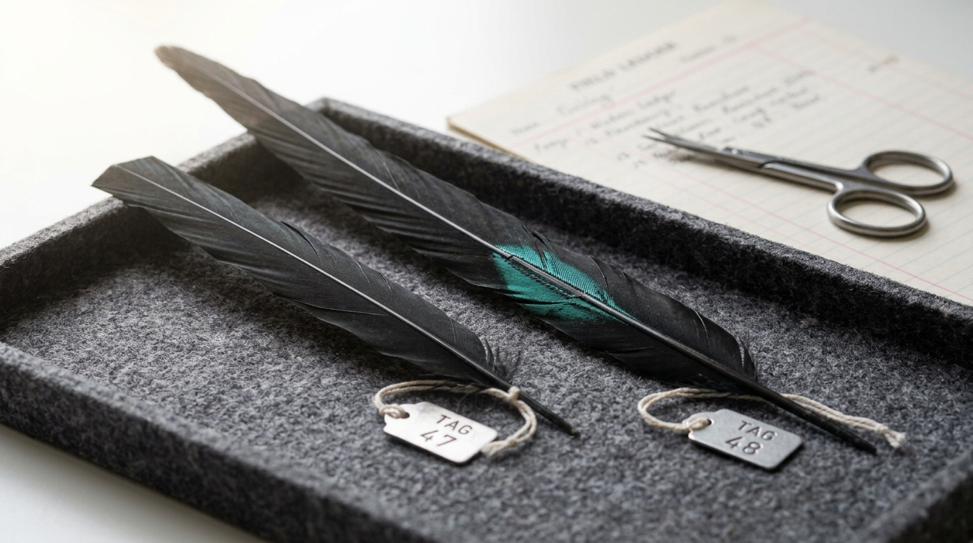 Six widowbird tail feathers laid in a graded row from short to extremely long on a felt-lined measurement bench beside a brass rule, the longest feather at the end of the row still faintly rocking on its curved shaft