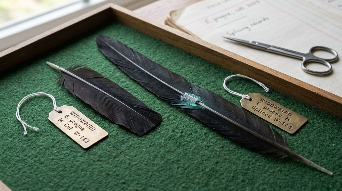 Two widowbird tail feathers on a felt tray, one cut short with a clean straight edge and one lengthened with a hairline glued splice partway down its shaft still faintly wet, a numbered aviary tag on cotton thread beside each