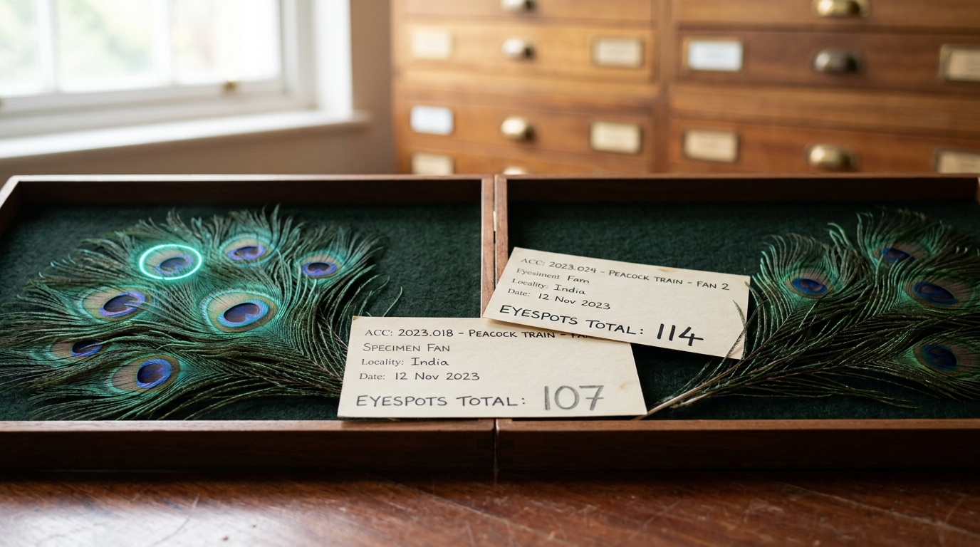 Two open specimen trays side by side on a collection-room table, each holding a peacock train feather fan and its own tally card, the two cards overlapping at one corner where their handwritten eyespot totals visibly disagree