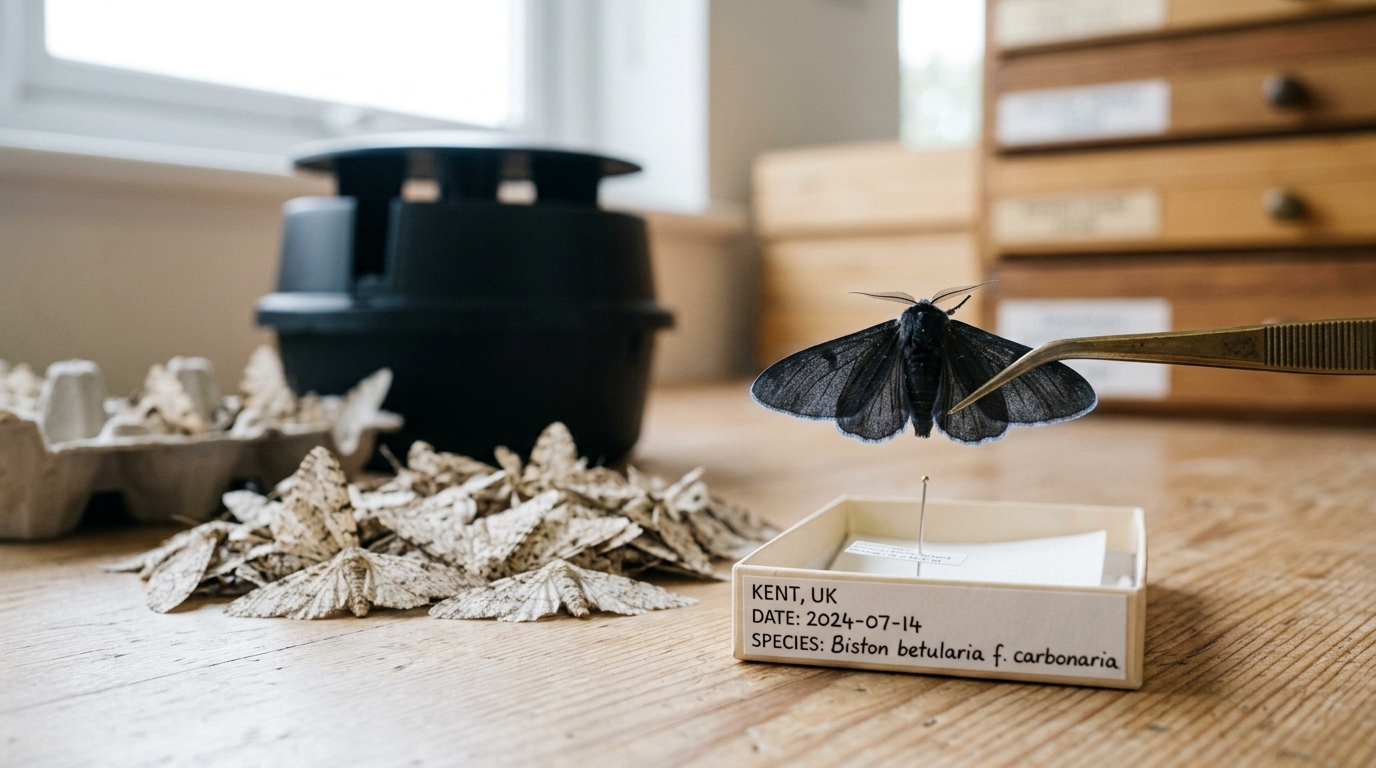 A modern moth trap's egg-box liner tipped out onto a collection-room bench, almost entirely pale typica moths with a single carbonaria specimen being lifted clear with forceps for logging