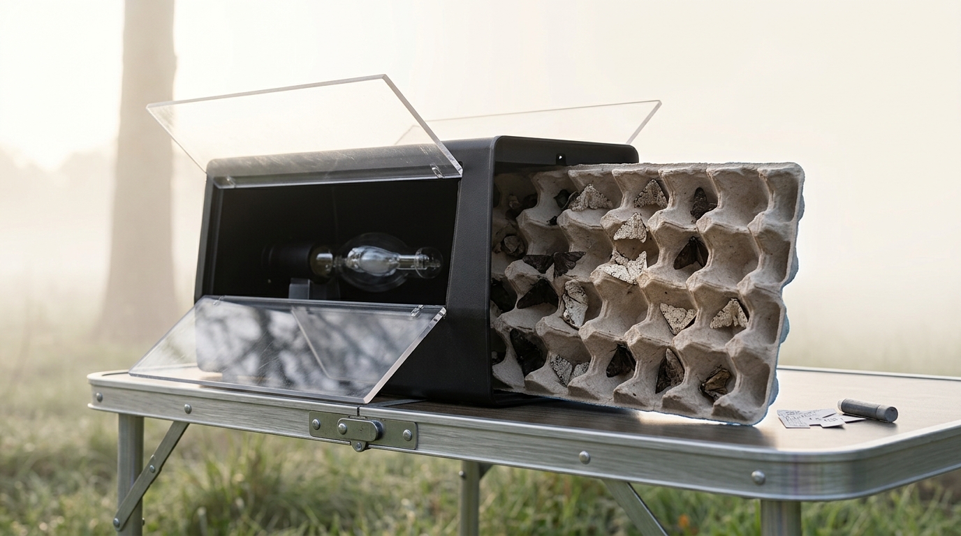 A portable mercury-vapour moth trap on a woodland-edge table at dawn, its perspex baffle lifted and one egg-box liner half-slid out with pale and dark peppered moths still settled among the cells
