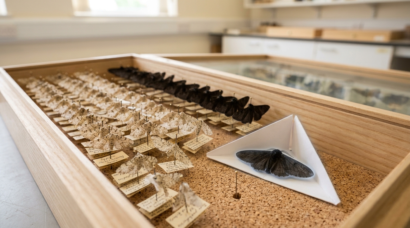 A glass-topped specimen drawer holding pinned rows of pale typica and black carbonaria peppered moths on cork boards, with one carbonaria specimen still held in a paper triangle beside an empty pin slot at the end of its row