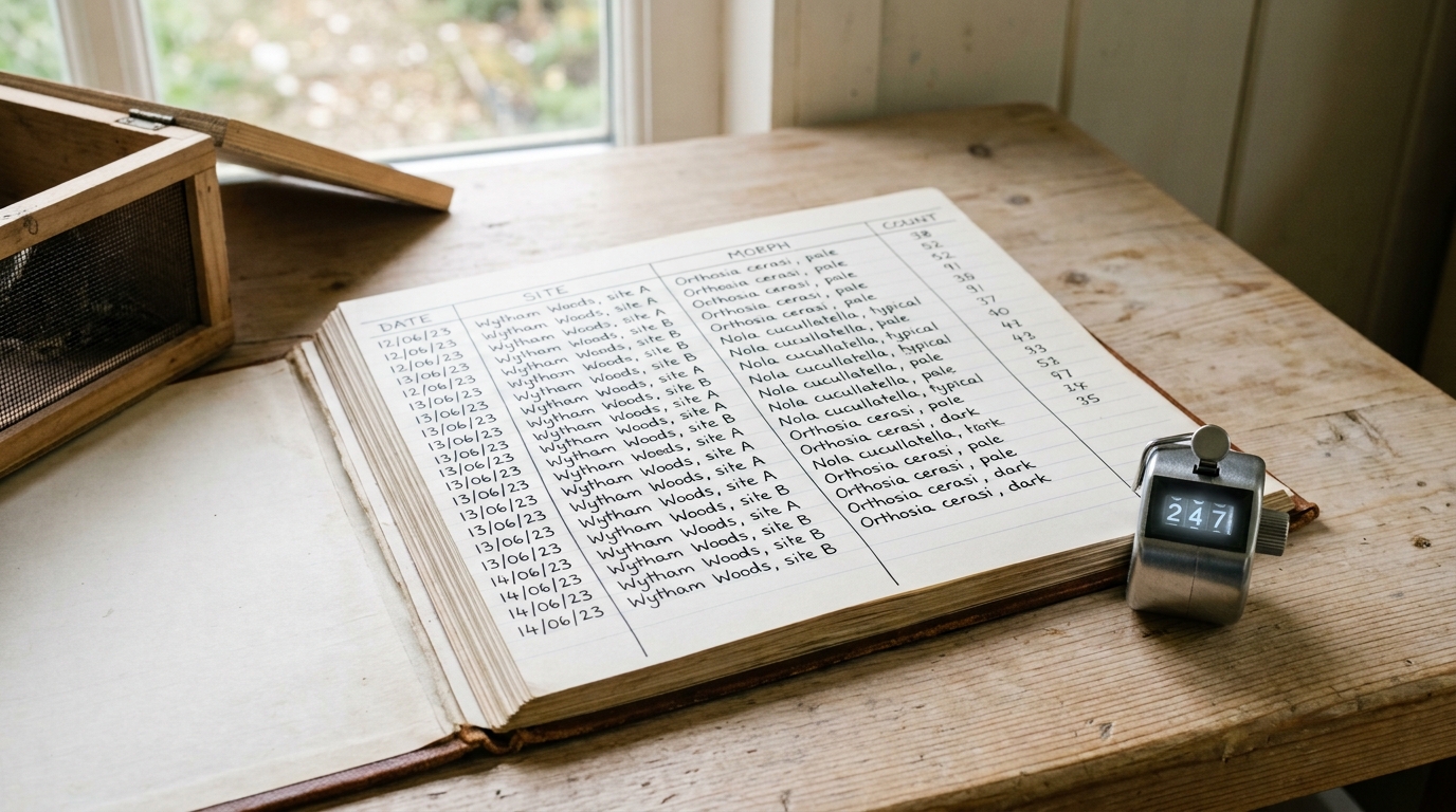 An open ruled data ledger on a collection-room bench, columns for date, site and morph filled down the page, the current row only half filled in beside a hand-tally counter reading short of a round number