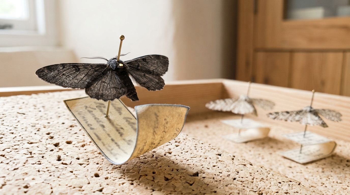 A single antique pinned peppered moth specimen held up to raking light on a cork board, its small aged locality label caught mid-turn as it is checked against the drawer's other entries