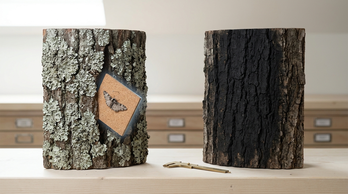 Two matched reference panels of real tree bark on a collection-room bench, one furred with pale lichen and one darkened with soot, a pinned moth specimen being tried against a bark crevice rather than the open trunk face
