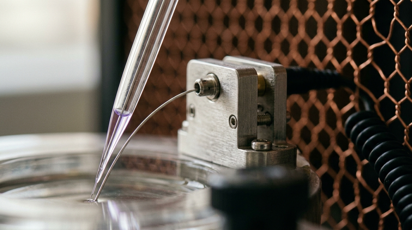 Extreme macro of a suction-electrode pipette tip and its amplifier headstage, a thin fluid meniscus still rising inside the glass as the recording seal forms