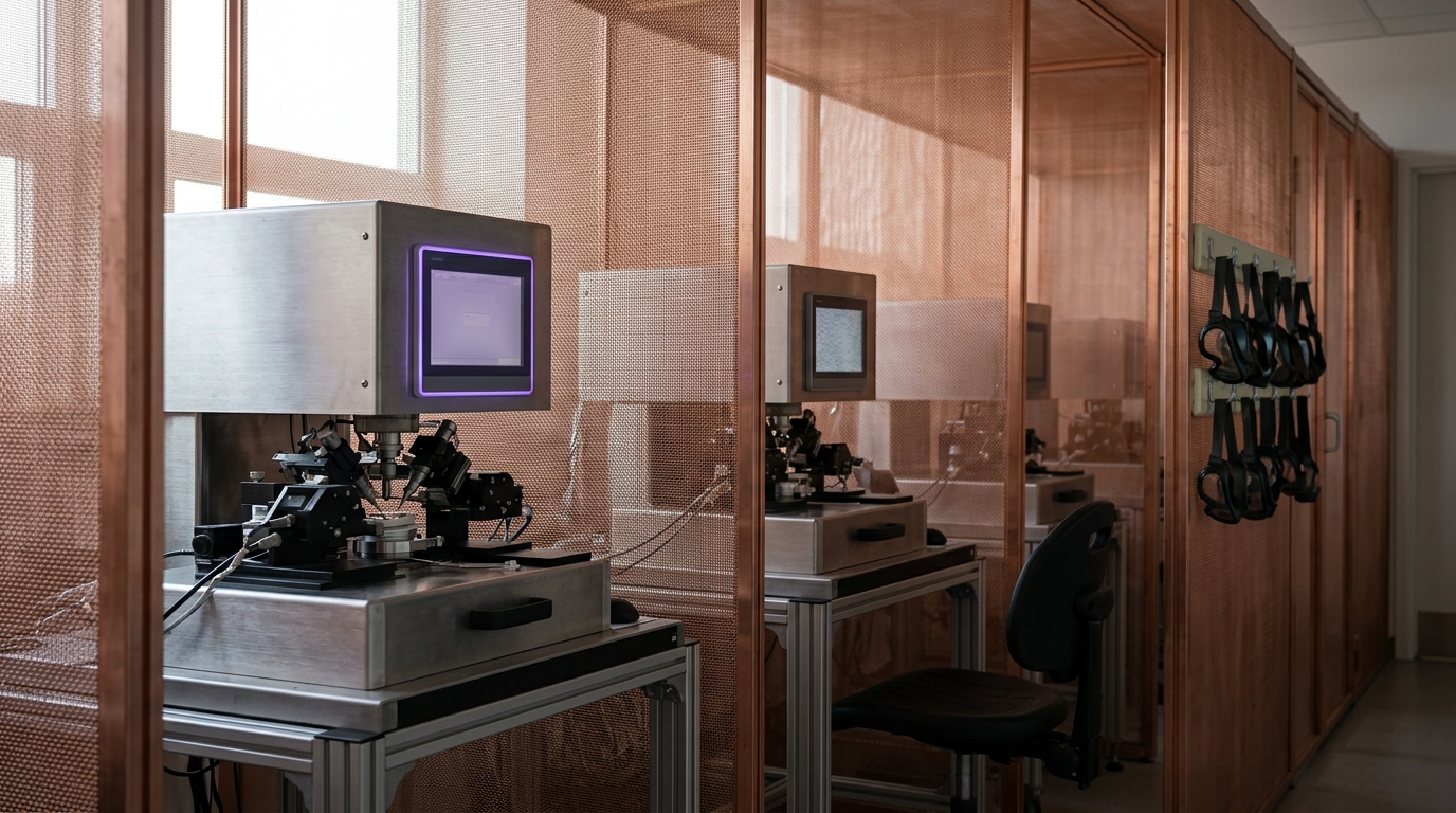A row of several suction-electrode rigs sharing one Faraday-cage enclosure, one monitor freshly lit while a neighboring rig's screen is still flickering on, dark-adaptation goggles on a rack nearby