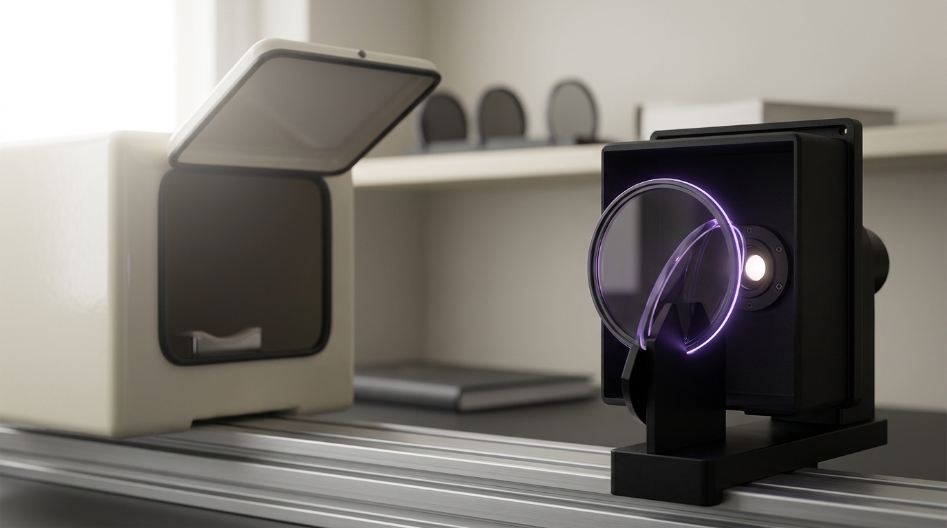 A calibrated photon-counting light source on an optics rail, its neutral-density filter wheel caught mid-rotation, aimed at a light-tight test chamber with its hood propped open