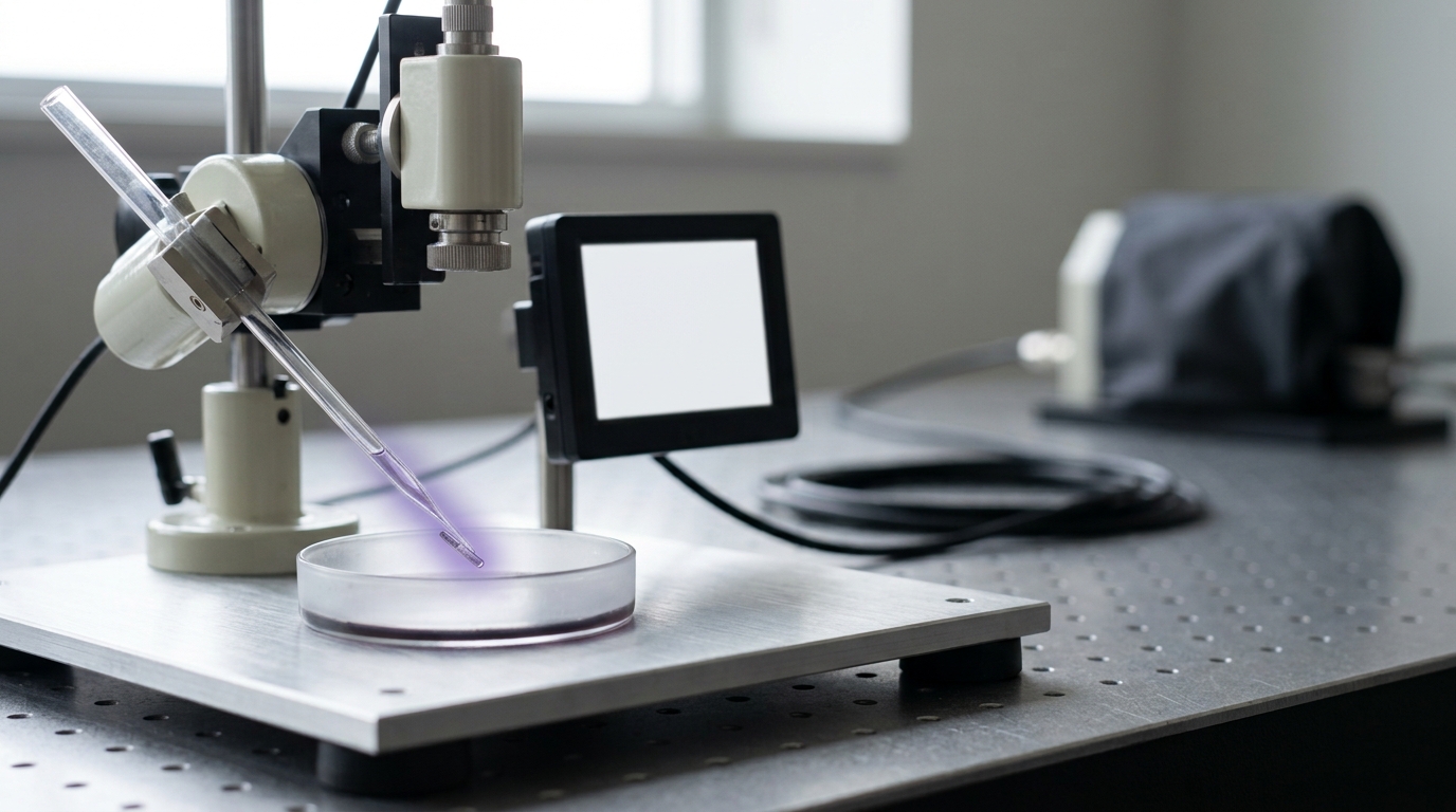 A suction-electrode rig on an optical breadboard drawing a single rod photoreceptor outer segment into a fine glass pipette tip, viewed beside a small infrared monitor, in a bright laboratory
