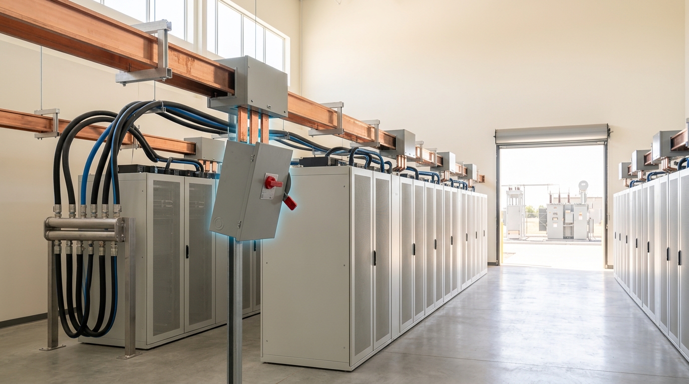 A bright data hall with an overhead copper busway above the rack rows, one tap-off box caught part-seated in the busway slot and not yet latched, an open roller door to the transformer yard beyond