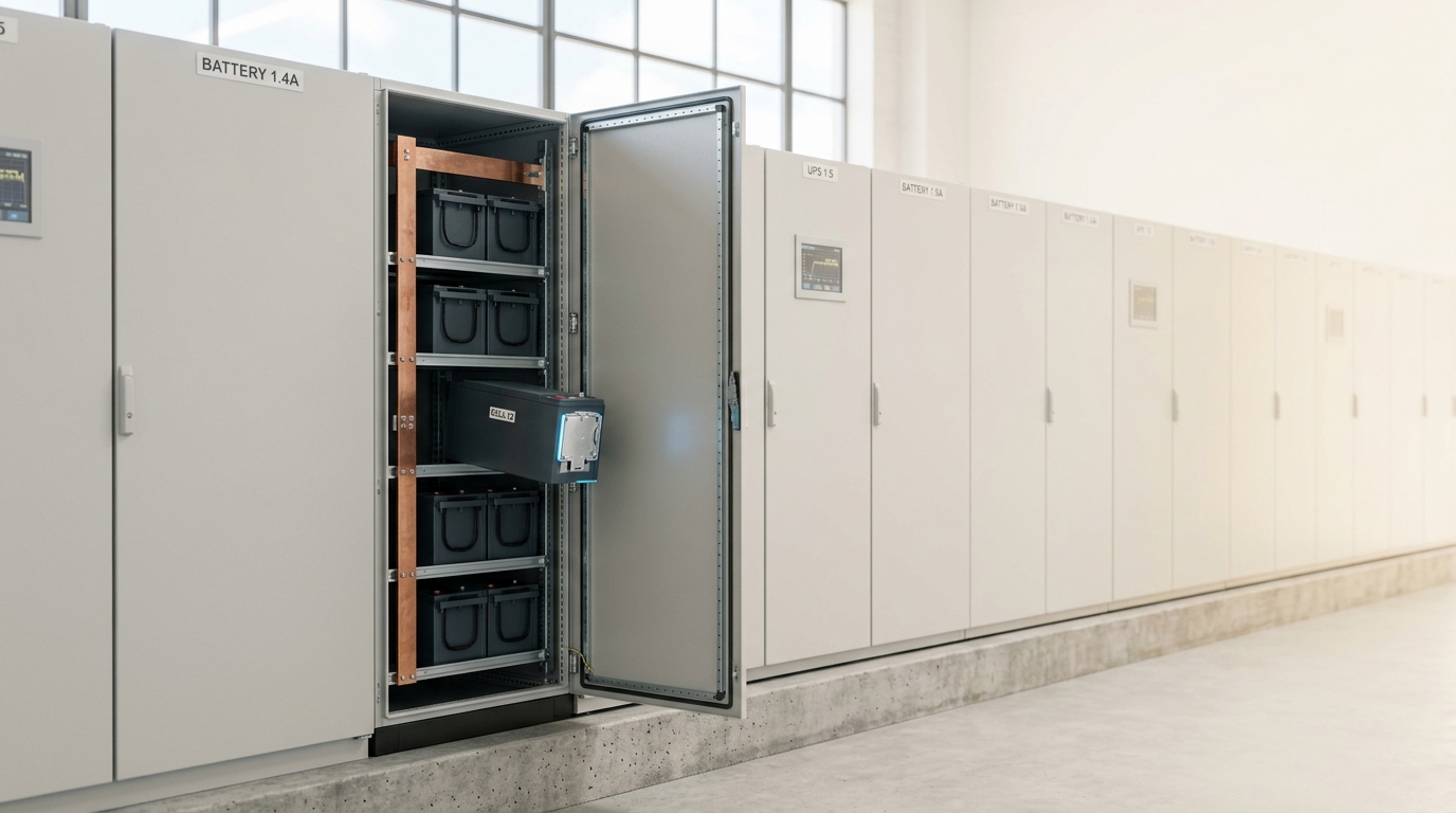 A UPS and battery cabinet lineup with one door open and a battery module caught part-way along its shelf rails, its blind-mate contact not yet into the socket