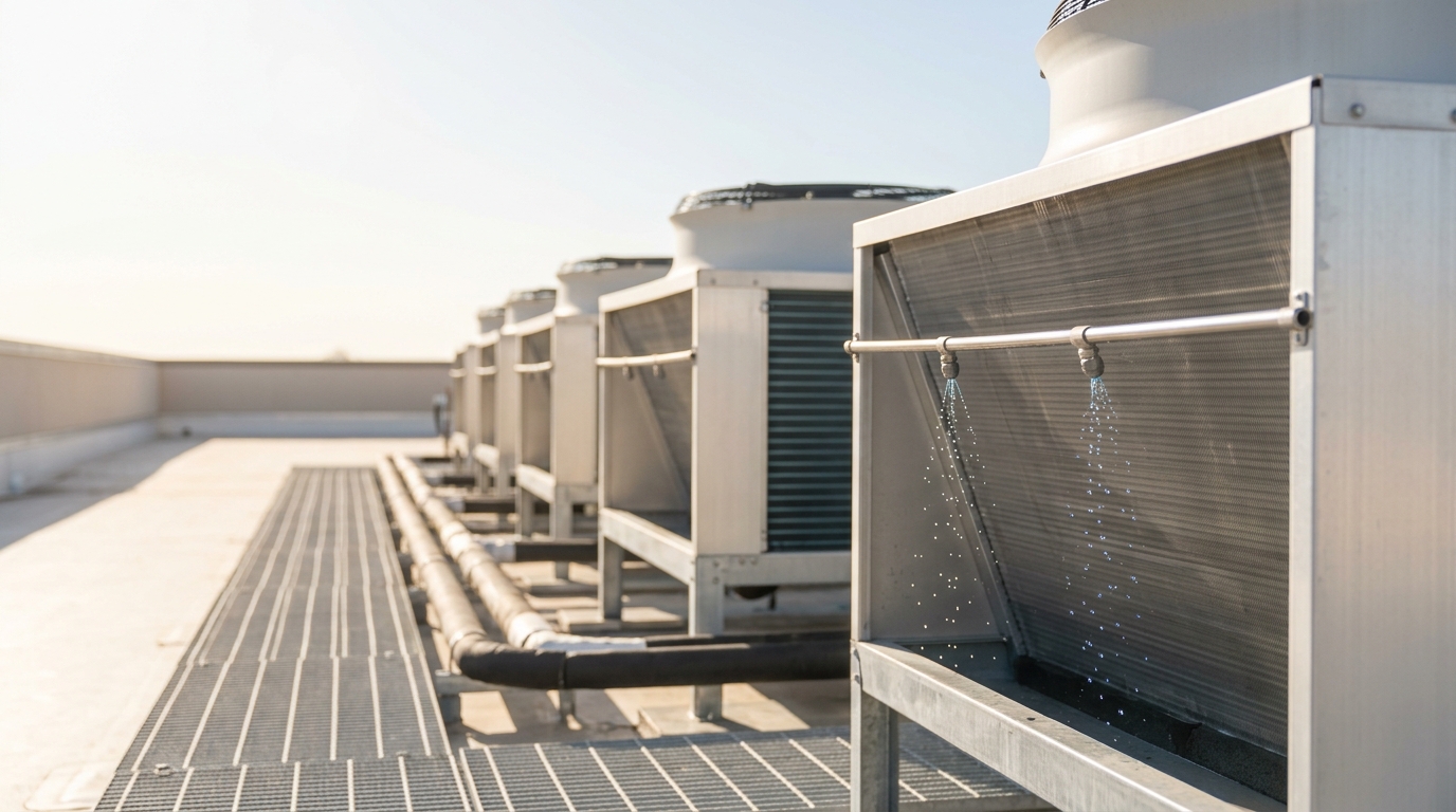 A roof-mounted dry cooler array with the first droplets just leaving an adiabatic spray bar and the finned coil directly below them still dry