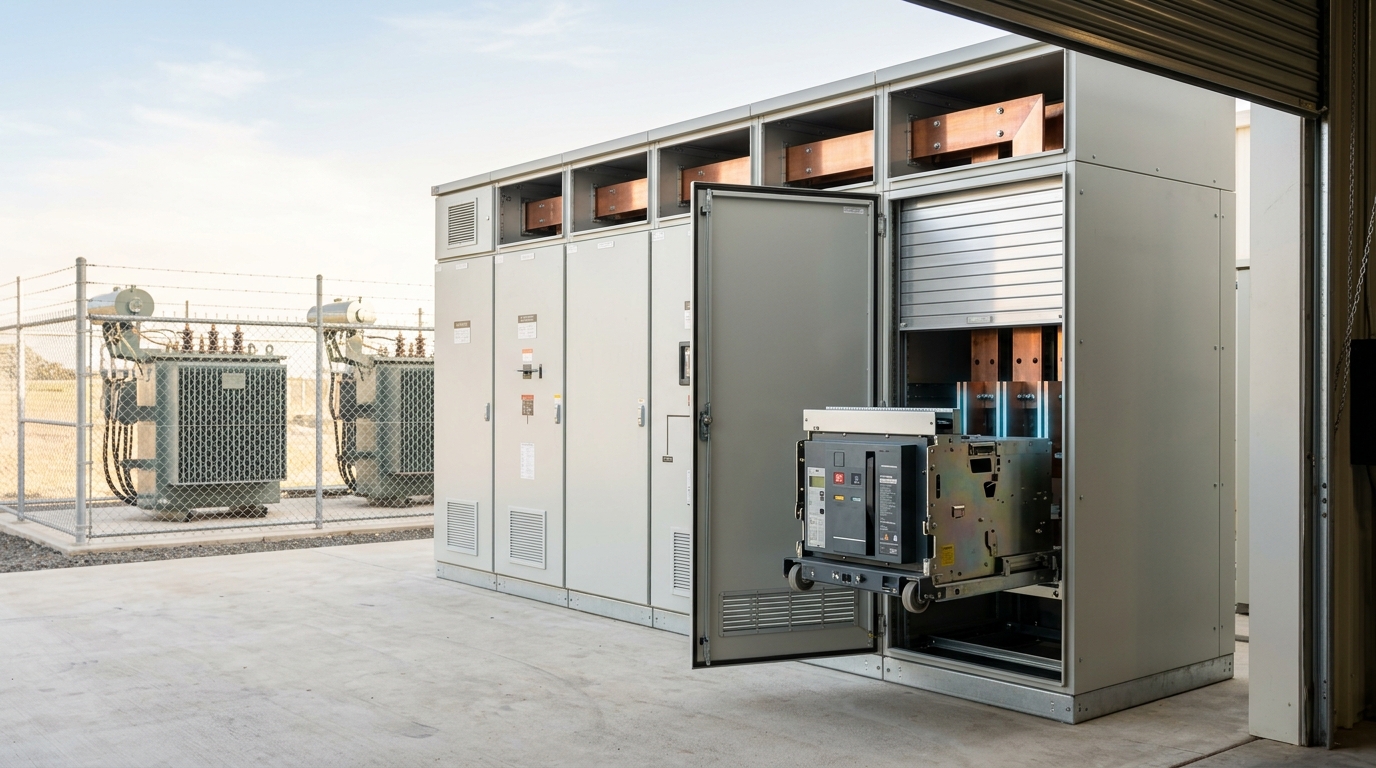A medium-voltage switchgear lineup outside an open roller door with one withdrawable breaker truck caught part-way along its racking rails, a transformer yard behind