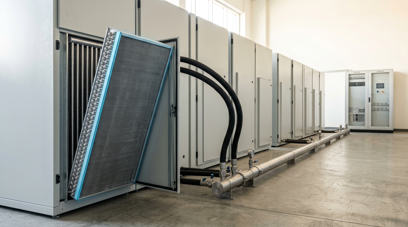 A rear-door heat exchanger caught swung part-open from the back of a rack, its finned coil still turning away from the exhaust face, insulated hoses running to a coolant distribution unit at the row end