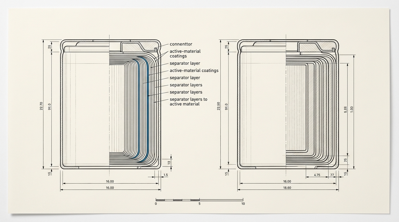 A comparative plate of two lithium-ion cells of the same chemistry sectioned side by side to one scale, one with thin electrodes and a high separator ratio, one with thick electrodes and less separator.