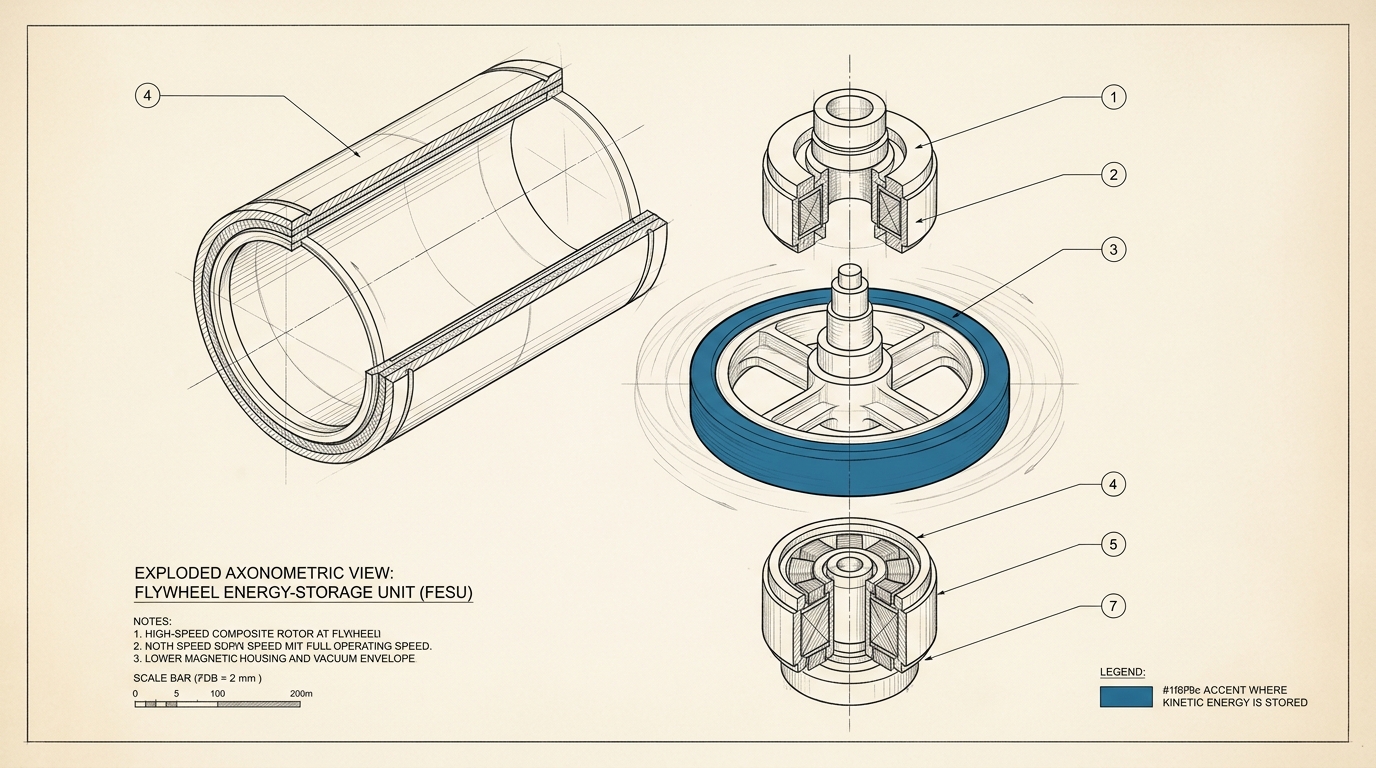 An exploded axonometric drawing of a flywheel energy-storage unit with its rotor, magnetic bearings, containment housing, vacuum envelope and motor-generator separated along the assembly axis on lead lines.