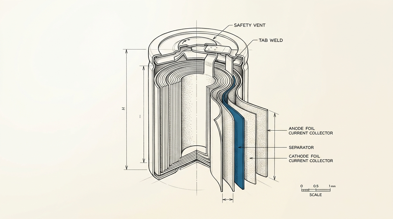 A cutaway engineering drawing of a cylindrical lithium-ion cell, its wound electrode stack sectioned through the can with one edge drawn part-unrolled to show the separator and current-collector foils in sequence.