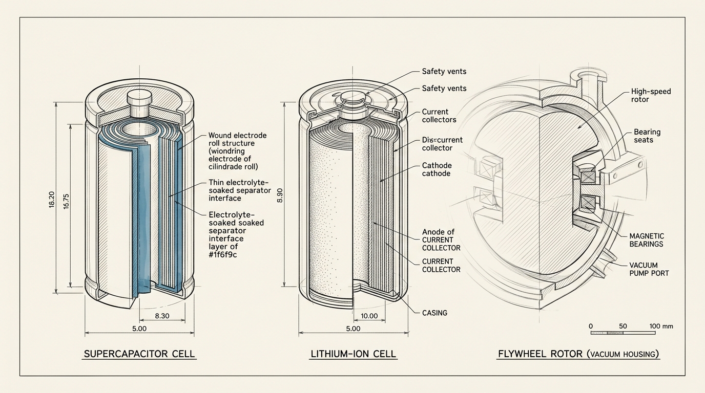 A comparative engineering plate showing a supercapacitor cell, a lithium-ion cell and a flywheel rotor sectioned to one common scale on one cream drafting sheet, the supercapacitor's electrolyte interface layer alone picked out in blue.
