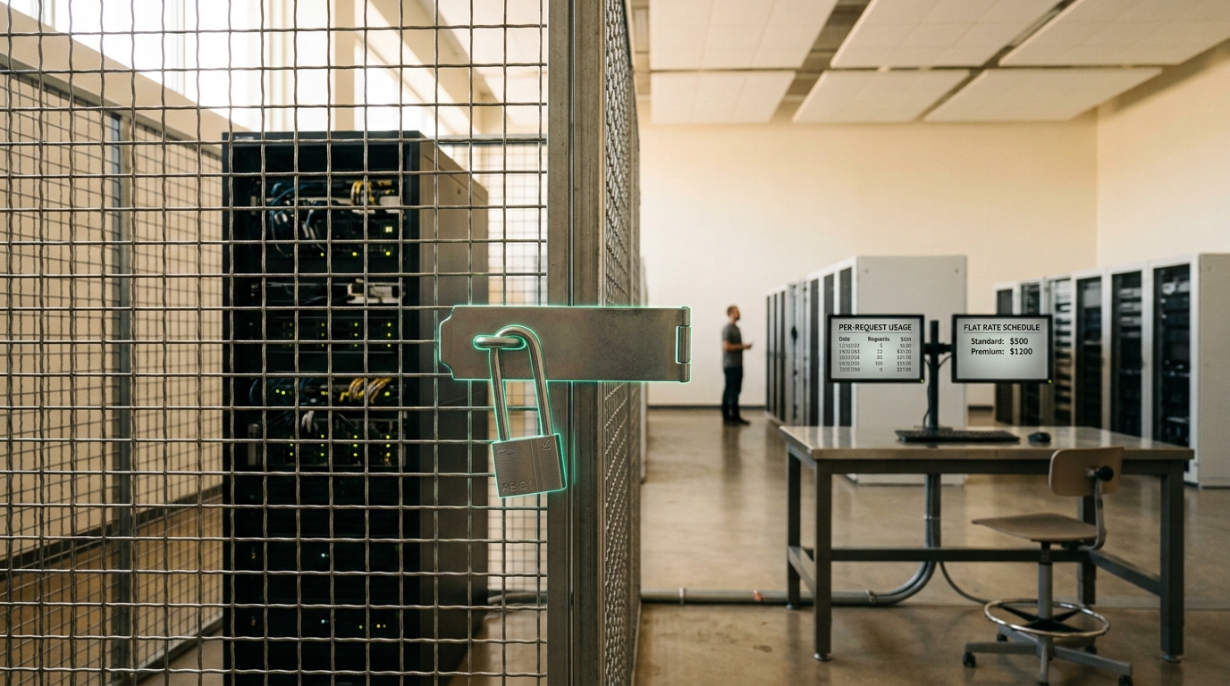 A wire-mesh capacity cage door around a dedicated server rack caught mid-latch with its hasp not yet closed and a padlock still hanging open, a usage-metering terminal standing further back in the room